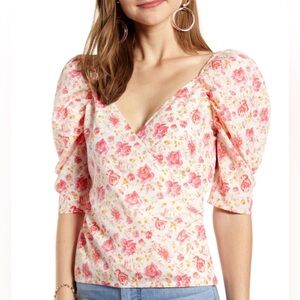 Something Navy White and Pink Floral Puff Sleeve Faux Wrap Blouse